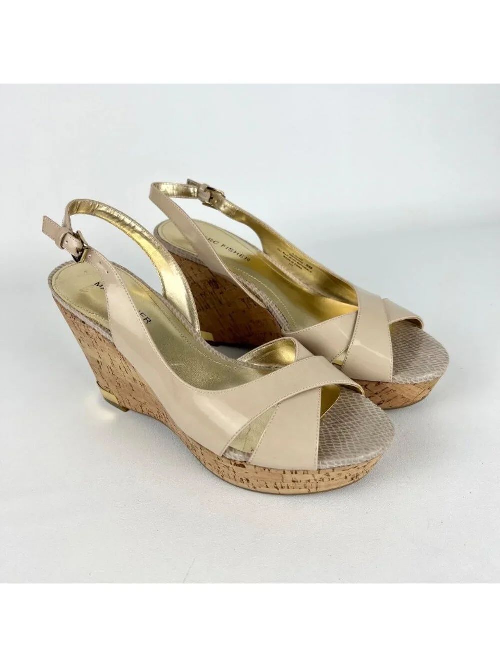 Marc Fisher Womens Wasin II Nude Tan Wedge Sandal Cork Platform Peep Toe size 9